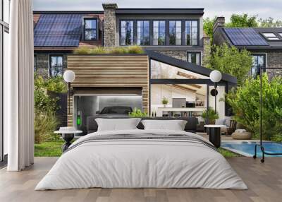 Modern house with rooftop solar panels and electric car Wall mural