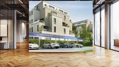 Street with modern residential buildings and parking for electric cars Wall mural