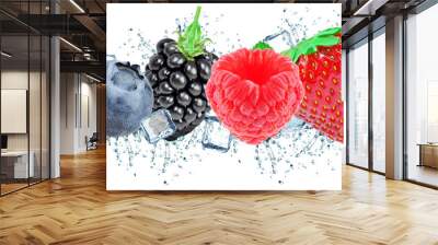 forest fruit berries splash water and ice cubes isolated on the white Wall mural