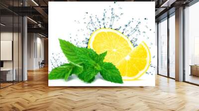 lemon splash water and mint isolated on white background
 Wall mural