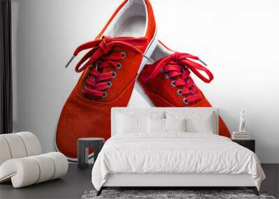 A pair of red color canvas shoes isolated on transparent background Wall mural