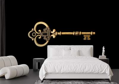 Old bronze key on a black background Wall mural