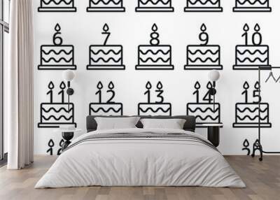 Birthday cake lined icons set with candle  numbers. Wall mural