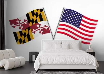 The state of Maryland and America crossed flags. Maryland and American flags on white background. Vector icon set. Vector illustration. Wall mural