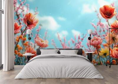 A vibrant springthemed floral template with cherry blossoms tulips and sunflowers in shades of bright pink yellow and sky blue The background is a soft pastel green giving the design a fresh lively Wall mural