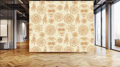 Flowers and Bones seamless pattern. Boho Halloween vector illustration. Skull and hands skeleton. Wall mural