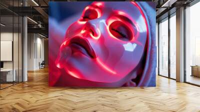 A woman lies with a face mask emitting red light, appearing relaxed. The mask is used for light therapy or skincare treatment in a spa or home setting Wall mural