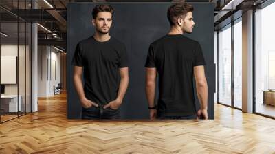 A young man with styled hair is wearing a black T-shirt. The image shows both the front and back views of the T-shirt, highlighting its simple design Wall mural