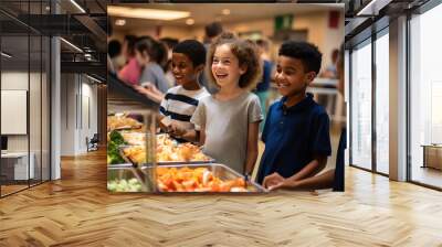 Cute elementary students at buffet line at lunchtime Wall mural