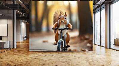 Funny squirrel with backpack riding a bicycle Wall mural