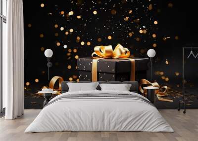 Luxury black gift box with decorations gold confetti and gold bow on black background. Generative AI Wall mural