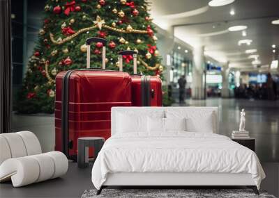 Red suitcases near Christmas tree at the airport Wall mural