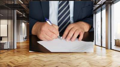 A manager, civil servant or lawyer in a dark suit signs a document. Conducting correspondence. Close-up. Shallow depth of field. Wall mural