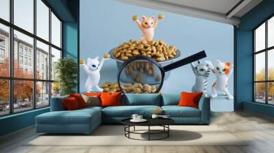 Funny toy kittens near bowl, dry cat food and magnifying glass. Concept of choosing best pet food. Concept of studying nutritional properties of animal food. Toy world Wall mural