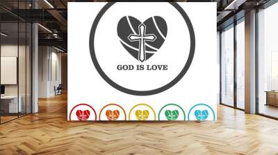 God is love heart icon. Set icons in color circle buttons Wall mural