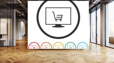 Shopping cart on monitor icon isolated on white background, color set Wall mural