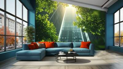 Sustainable glass office building with tree for reducing carbon dioxide. Green environment. Eco-friendly. Oxygen. Wall mural