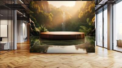 Wooden product display podium with jungle and waterfall background, Tropical rainforest valley landscape, 3d render illustration. Wall mural