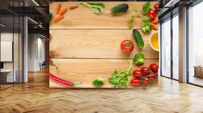 Top view of wooden table with space, healthy eating concept. Wall mural