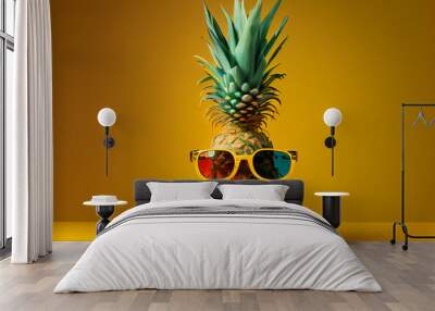 a pineapple wearing sunglasses , summer concept Illustration Wall mural