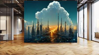 design of futuristic sky city  , abstract tower architecture , illustation design , internet connect of line ,data transfer Wall mural