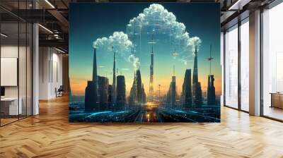 design of futuristic sky city  , abstract tower architecture , illustation design , internet connect of line ,data transfer Wall mural