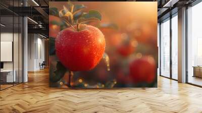 Fresh Dew-Kissed Apple Hanging in a Sunrise Orchard Wall mural