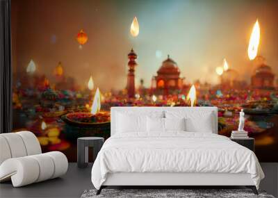 illustation of Diwali festival of lights tradition Diya oil lamps against dark background Wall mural