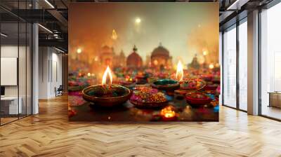 illustation of Diwali festival of lights tradition Diya oil lamps against dark background Wall mural