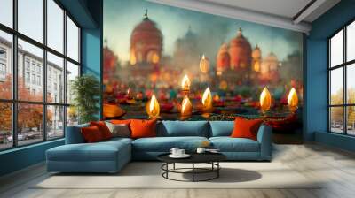 illustation of Diwali festival of lights tradition Diya oil lamps against dark background Wall mural