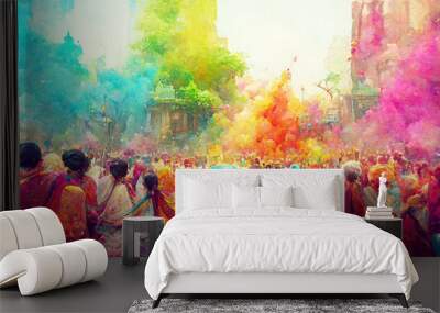 people celebrating for holi festival of colour in nepal , india illustation design Wall mural