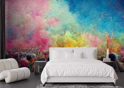 people celebrating for holi festival of colour in nepal , india illustation design Wall mural