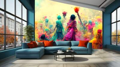 people celebrating for holi festival of colour in nepal , india illustation design Wall mural