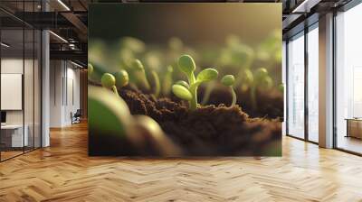 Soil with seedling sprouts created with generative AI Wall mural