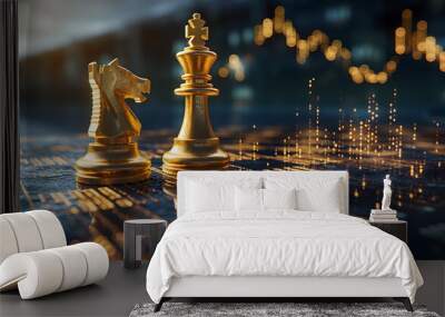 Strategic Chess Game Pieces Against Stock Market Background Wall mural