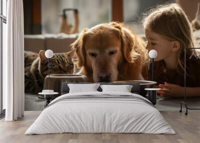 Tender Moment Among Girl, Cat, and Dog with Food Bowls at Home Wall mural