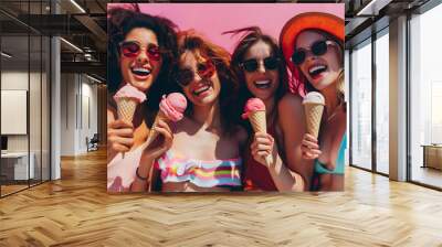 Three Joyful Friends Enjoying Colorful Ice Cream Cones Wall mural