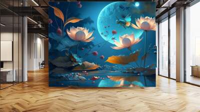 waterlily and moon in starry night , illustration Wall mural