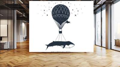 Hand drawn travel badge with whale on a hot air balloon textured vector illustration and 