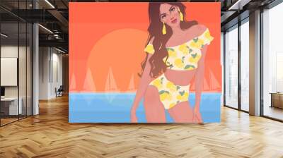 vector of a beautiful slim girl in a bright swimsuit on the beach, sea, sunset, yacht Wall mural