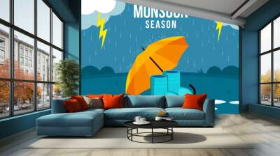 monsoon season landscape with umbrella and boots illustration Wall mural