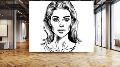 beautiful young woman portrait engraving black and white outline Wall mural