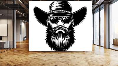 cowboy beard sunglasses engraving black and white outline Wall mural