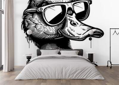 duck wearing sunglasses engraving black and white outline Wall mural