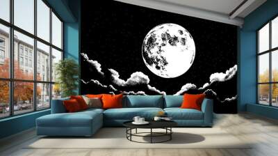 full moon night sky engraving black and white outline Wall mural