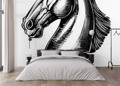 horse chess piece engraving black and white outline Wall mural