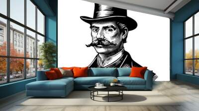 man gentleman wear top hat engraving black and white outline Wall mural