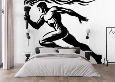 man run holding torch engraving black and white outline Wall mural