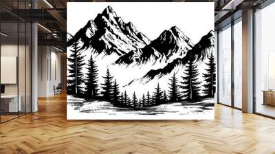 mountain forest engraving black and white outline Wall mural