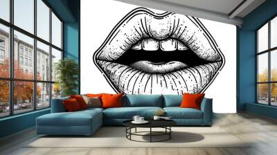 sensual lip engraving black and white outline Wall mural